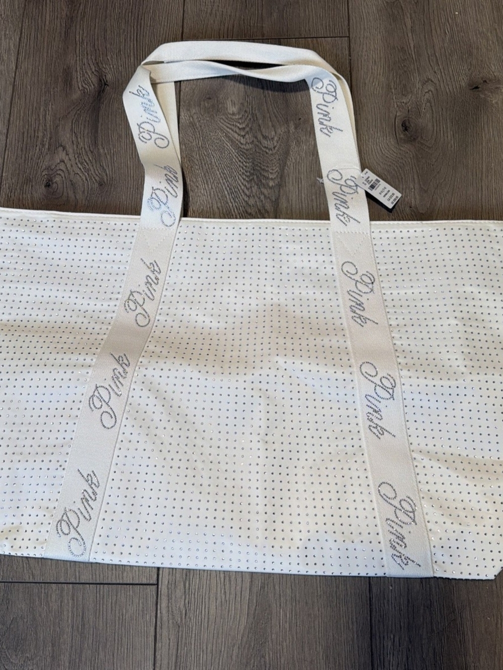 PINK Victoria's Secret White Rhinestone-Embellished Tote with Script Straps